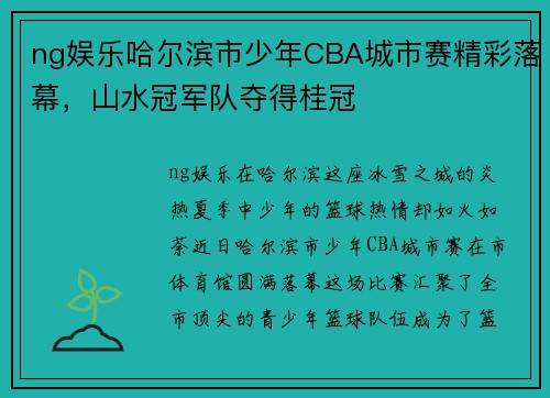 ng娱乐哈尔滨市少年CBA城市赛精彩落幕，山水冠军队夺得桂冠