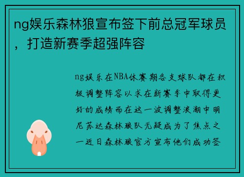 ng娱乐森林狼宣布签下前总冠军球员，打造新赛季超强阵容
