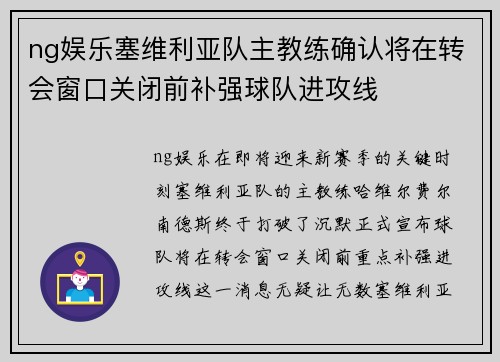 ng娱乐塞维利亚队主教练确认将在转会窗口关闭前补强球队进攻线