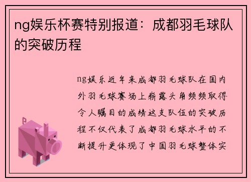 ng娱乐杯赛特别报道：成都羽毛球队的突破历程